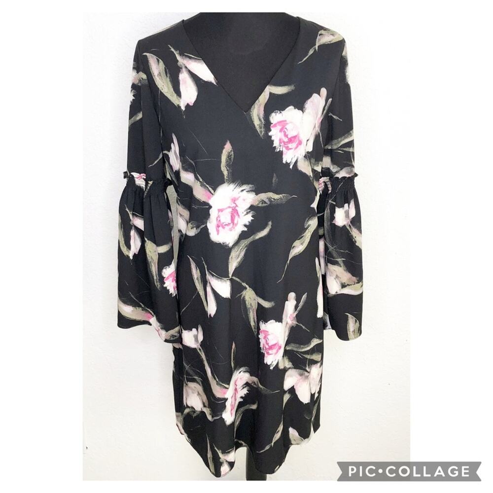 WHBM black pink floral v neck bell sleeve dress size 10